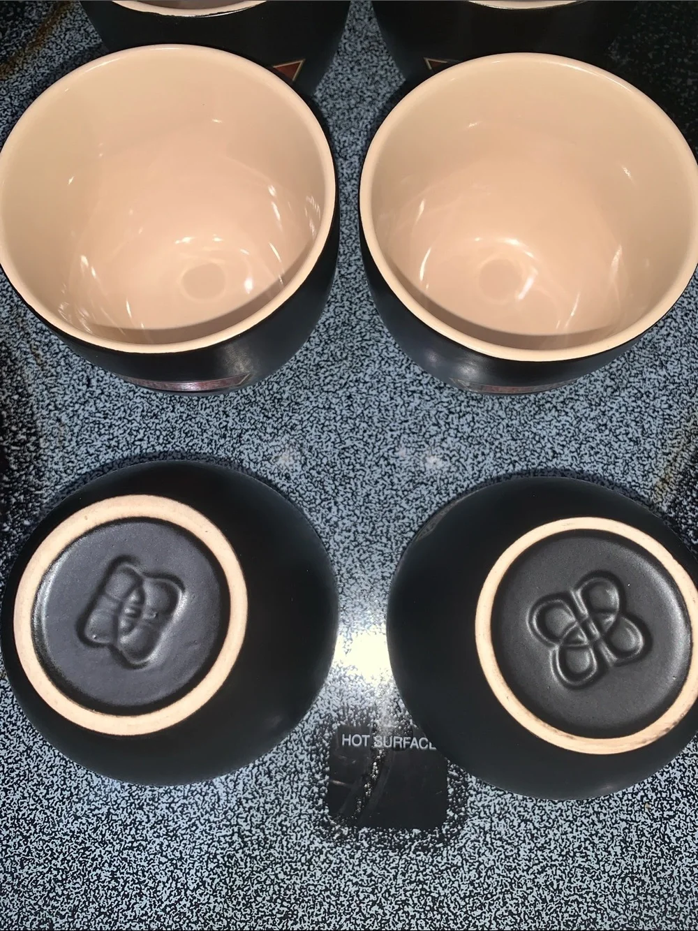 Le Creuset Brown & cream Bowls with red 'Mine' and 'Yours' Labels - Set of 6